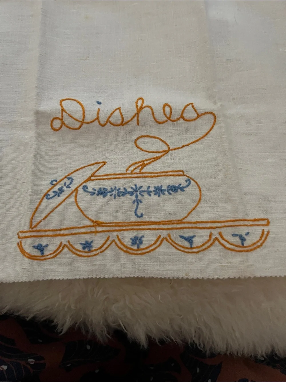 White Embroidered Kitchen Tea Towel with Blue & Orange Dish Motif